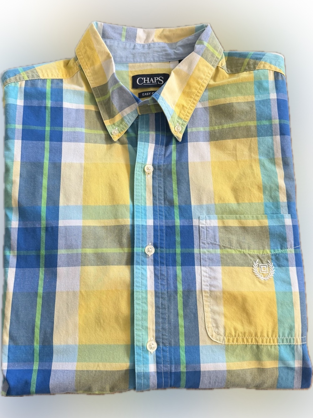 CHAPS Yellow/Blue Plaid Button Down Short Sleeve Shirt, Men’s 2XLT Preppy Casual
